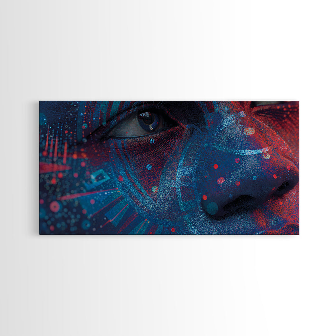 Blue Red Afro Futurist Face Close Up Wall Art, African Portrait, Black Beauty Art, Tribal Art Decor, Modern Canvas Print