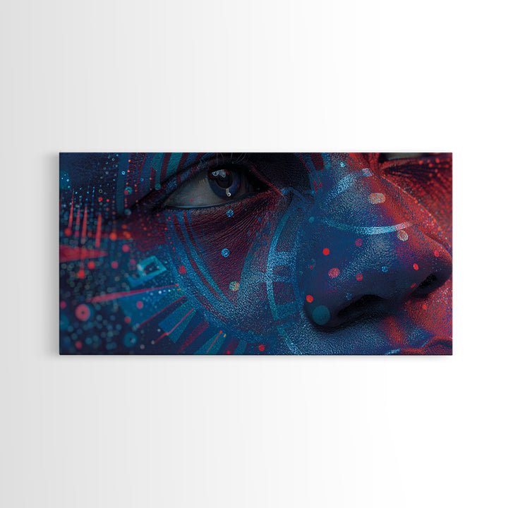 Blue Red Afro Futurist Face Close Up Wall Art, African Portrait, Black Beauty Art, Tribal Art Decor, Modern Canvas Print