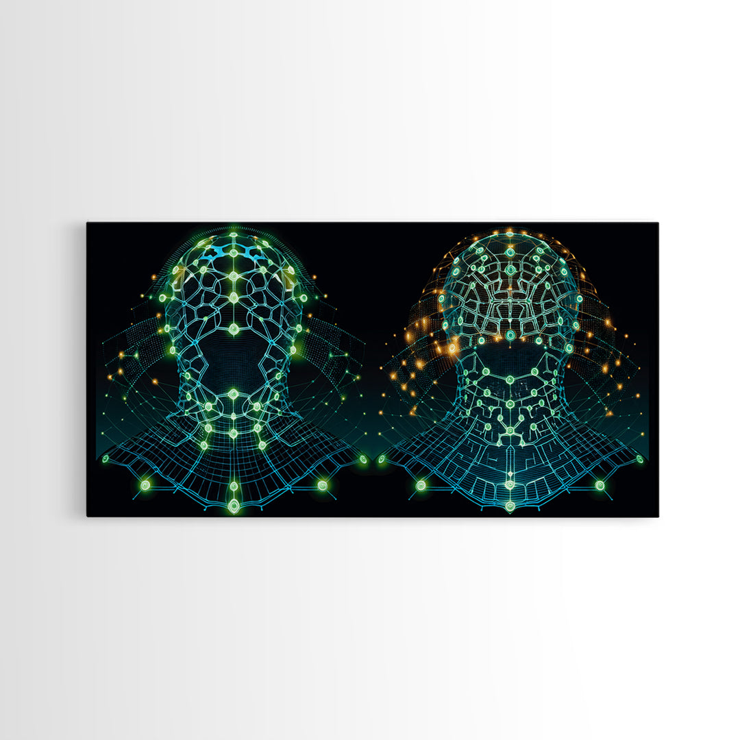 Glowing Cyber African Masks Canvas Print, Afrofuturism Decor, Tribal Mask Art, Digital Wall Art, Afrocentric Home Decor Gift