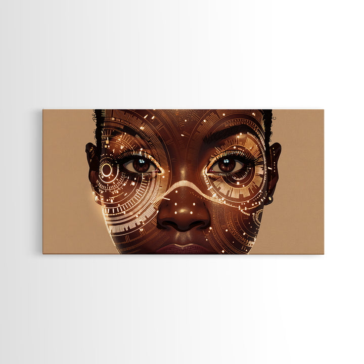 Golden Circuit African Woman Portrait Framed Canvas Print, Black Female Art, Afrocentric Wall Art, Luxury Canvas Art Decor