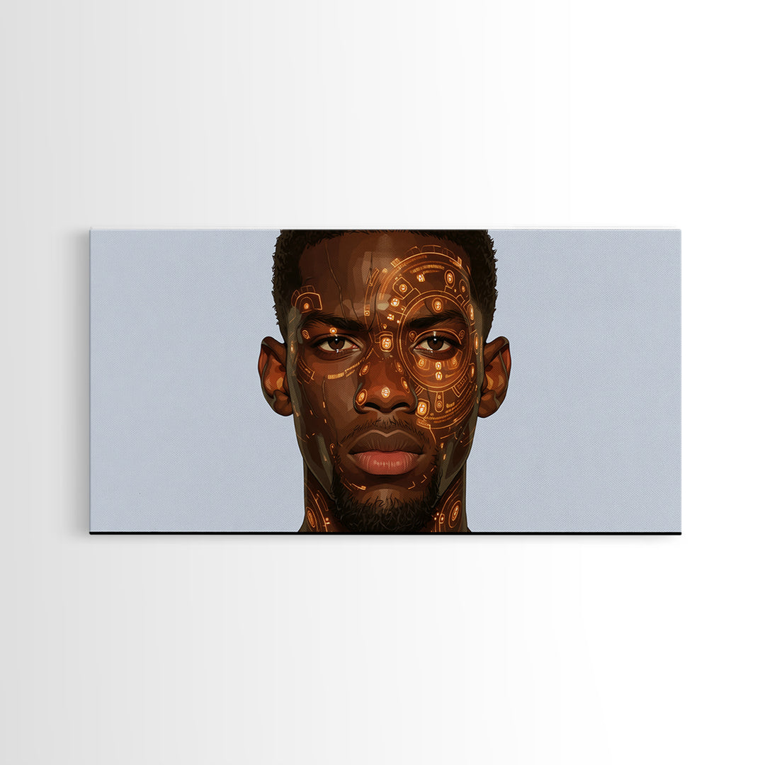 Orange Cyber Tribal Black Man Portrait Wall Art, African Portrait, Black Man Wall Art, Afrocentric Decor, Modern Canvas Art