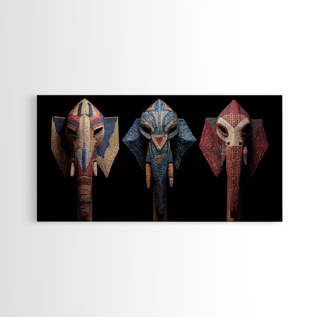 Three Beaded Elephant Tribal Masks Framed Canvas Print, African Mask Art, Safari Wall Art, Colorful African Art Decor Gift