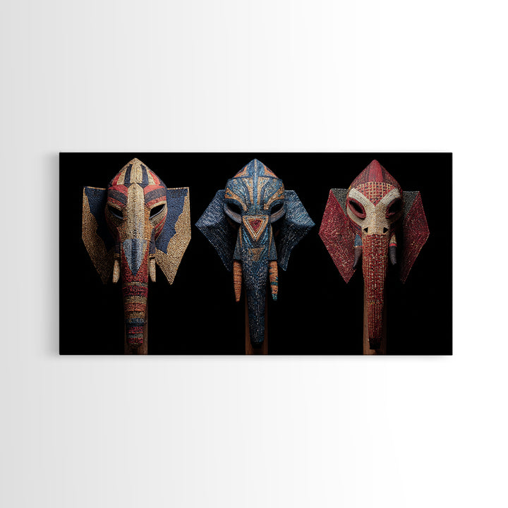 Three Beaded Elephant Tribal Masks Framed Canvas Print, African Mask Art, Safari Wall Art, Colorful African Art Decor Gift