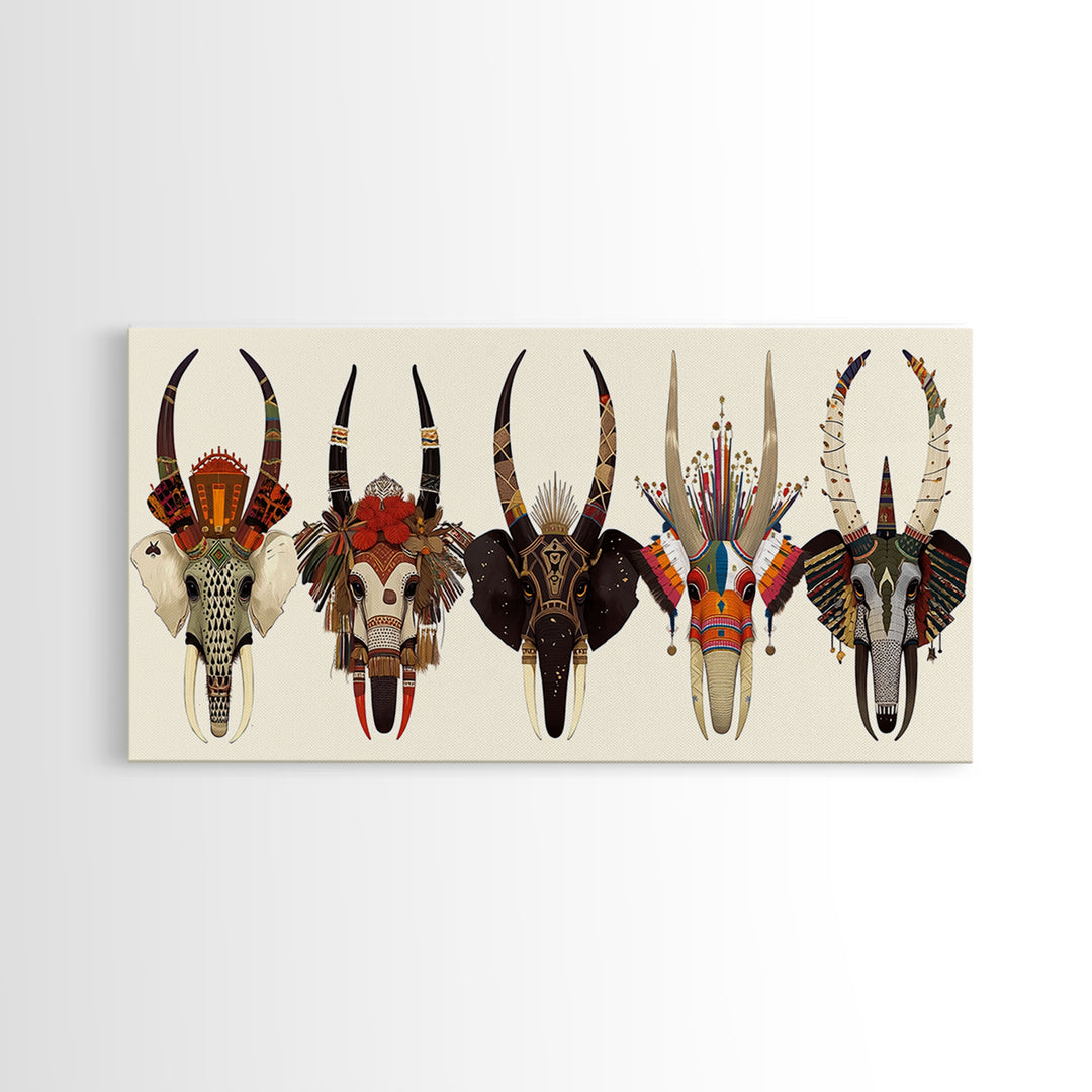 Horned African Animal Skull Masks Wall Art, Tribal Mask Art, African Safari Art, Cultural Wall Decor, Statement Piece Gift