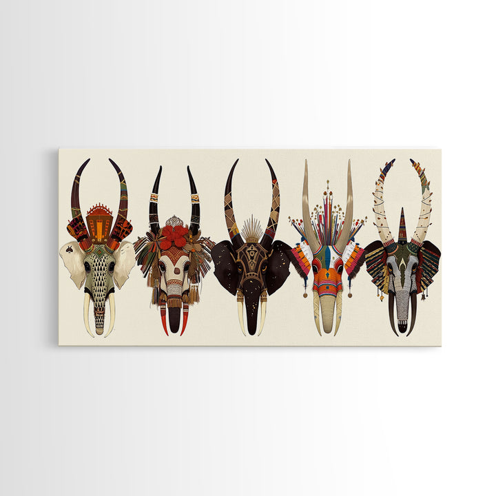 Horned African Animal Skull Masks Wall Art, Tribal Mask Art, African Safari Art, Cultural Wall Decor, Statement Piece Gift