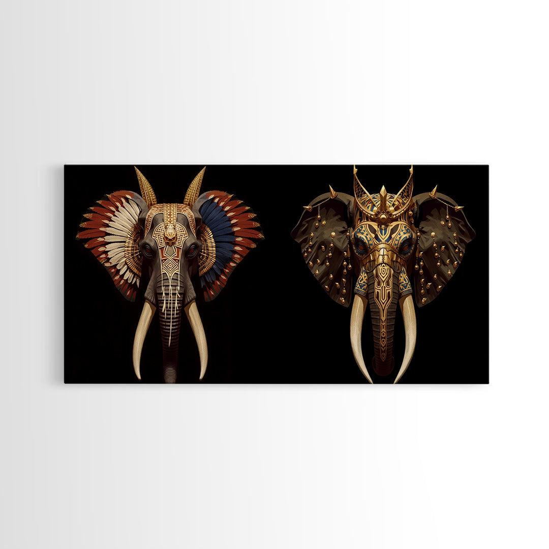 Ornate African Elephant Mask Wall Art, Gold Tribal Safari Decor, Afrocentric Animal Artwork, Luxury Canvas Print For Home
