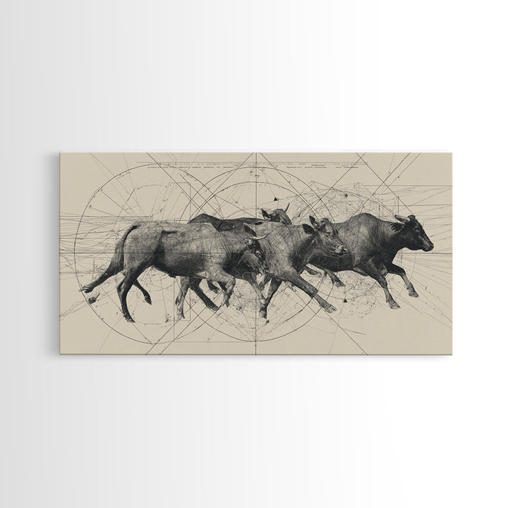 Running African Cattle Sketch Wall Art, Beige Ink Herd Drawing, Rustic Farmhouse Decor, Textured Canvas Print For Office