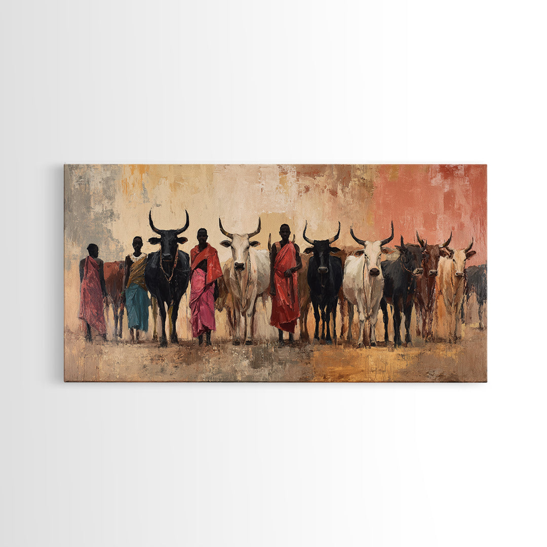 Maasai Herders With Longhorn Cattle Framed Canvas Print, African Safari Wall Art, Earth Tone Tribal Living Room Decor Gift