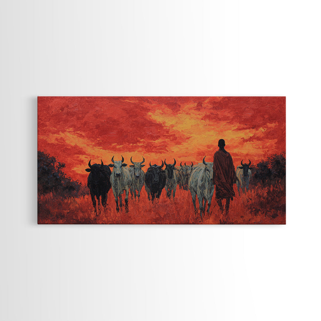 Red Sunset Cattle Drive Wall Art, Maasai Herder Safari Painting, African Landscape Decor, Dramatic Canvas Print For Home