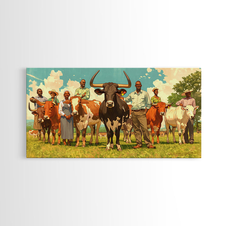 African Family With Cattle Wall Art, Sunny Pasture Portrait, Afrocentric Farm Decor, Vibrant Canvas Print For Living Room