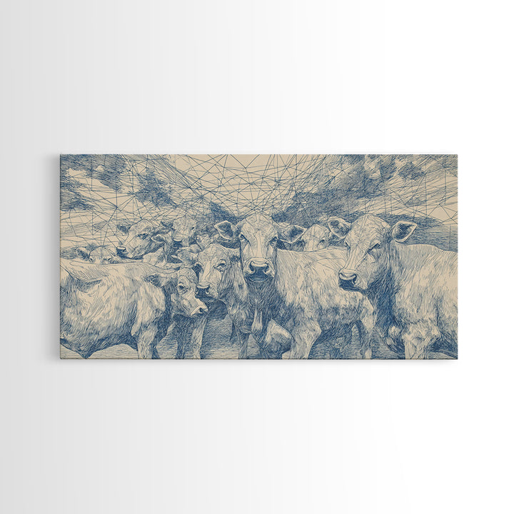 Blue Ink Cattle Herd Wall Art, African Pastoral Drawing, Geometric Farm Animal Decor, Minimalist Canvas Print For Office