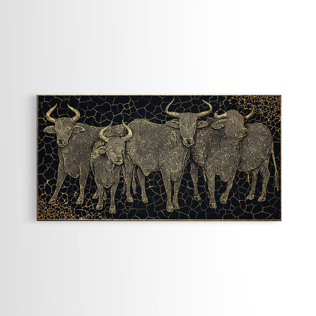 Gold Line Cattle Herd Wall Art, Black Mosaic Tribal Animal Illustration, African Farm Decor, Premium Canvas Print For Home