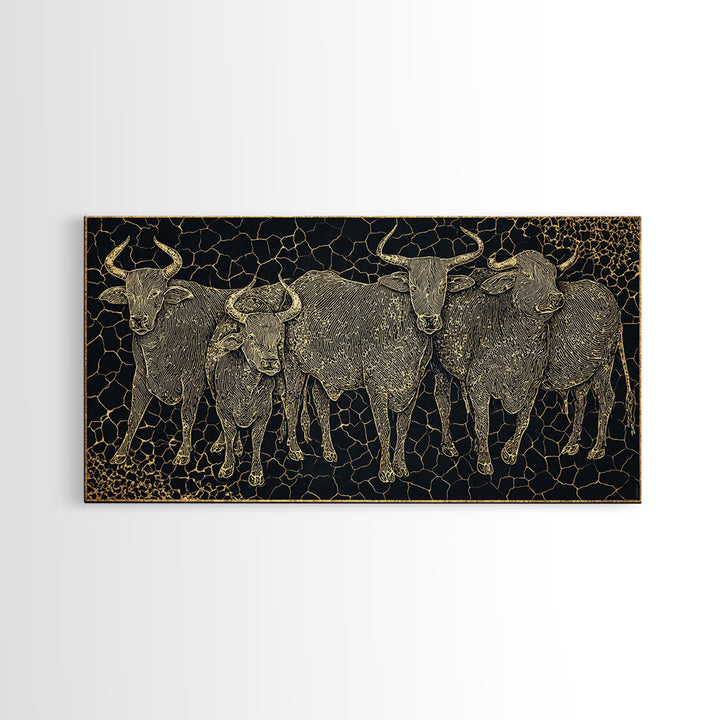 Gold Line Cattle Herd Wall Art, Black Mosaic Tribal Animal Illustration, African Farm Decor, Premium Canvas Print For Home