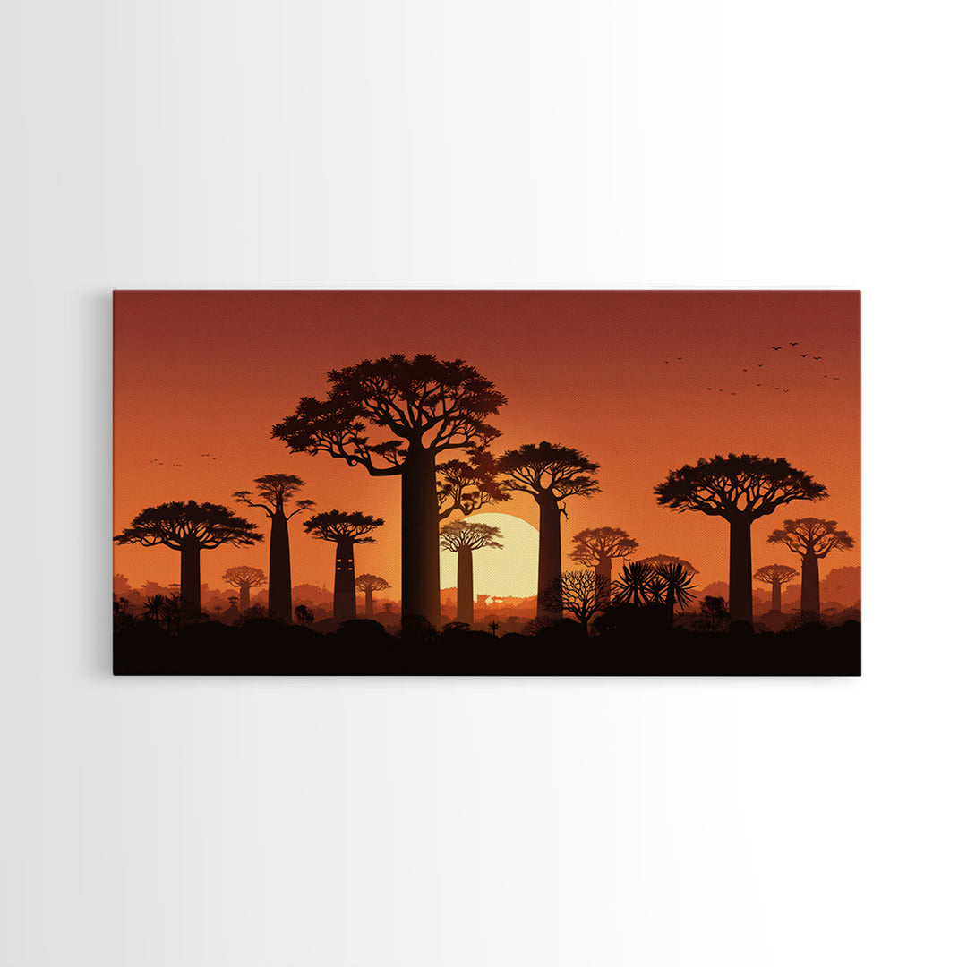 Baobab Trees At Orange Sunset Wall Art, African Landscape Silhouette, Madagascar Safari Decor, Warm Canvas Print For Home