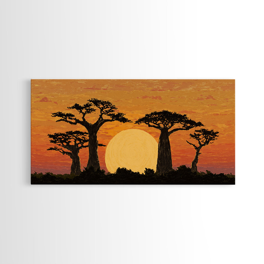 Golden Baobab Sunset Silhouette Wall Art, African Landscape Canvas Decor, Safari Tree Print, Warm Orange Living Room Gift