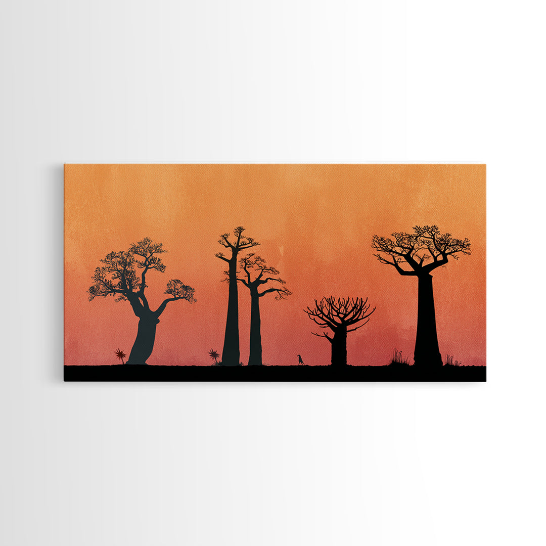 Minimal Baobab Grove Silhouette Canvas Print, African Landscape Wall Decor, Orange Sunset Safari Art, Boho Home Decor Gift