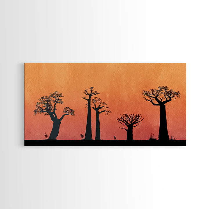 Minimal Baobab Grove Silhouette Canvas Print, African Landscape Wall Decor, Orange Sunset Safari Art, Boho Home Decor Gift