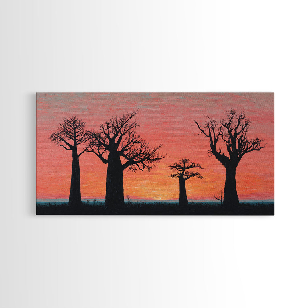 Coral Baobab Tree Silhouette Wall Art, African Landscape Print, Pink Sunset Safari Decor, Modern Canvas Gift For Home Decor