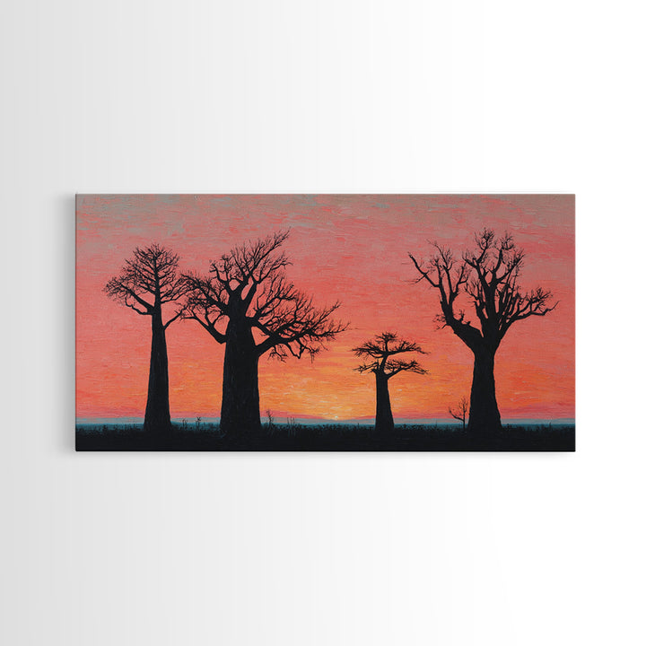 Coral Baobab Tree Silhouette Wall Art, African Landscape Print, Pink Sunset Safari Decor, Modern Canvas Gift For Home Decor