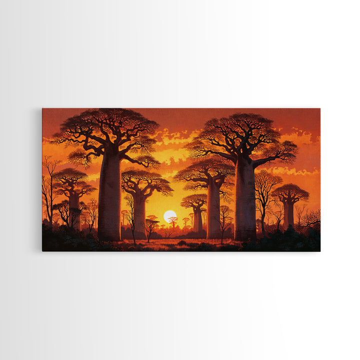 Fiery Baobab Avenue At Sunset Framed Canvas Print, African Safari Landscape Wall Decor, Dramatic Orange Statement Art Gift