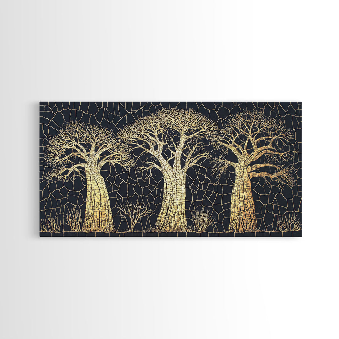 Gold Mosaic Baobab Forest Wall Art, African Tree Canvas Decor, Black And Gold Geometric Safari Print, Luxury Home Decor Gift