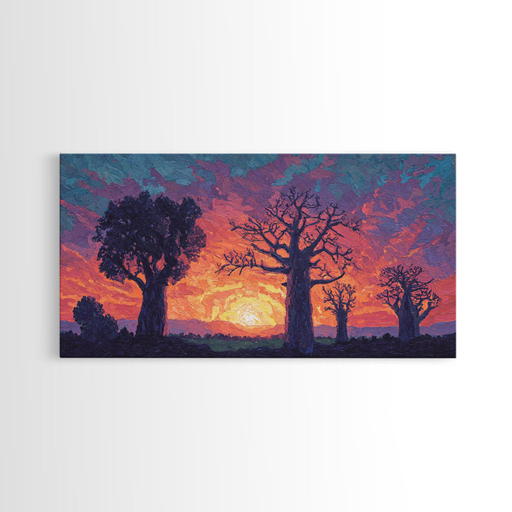 Textured Baobab Sunset Canvas Print, African Landscape Wall Decor, Purple Orange Modern Safari Art, Dreamy Living Room Gift