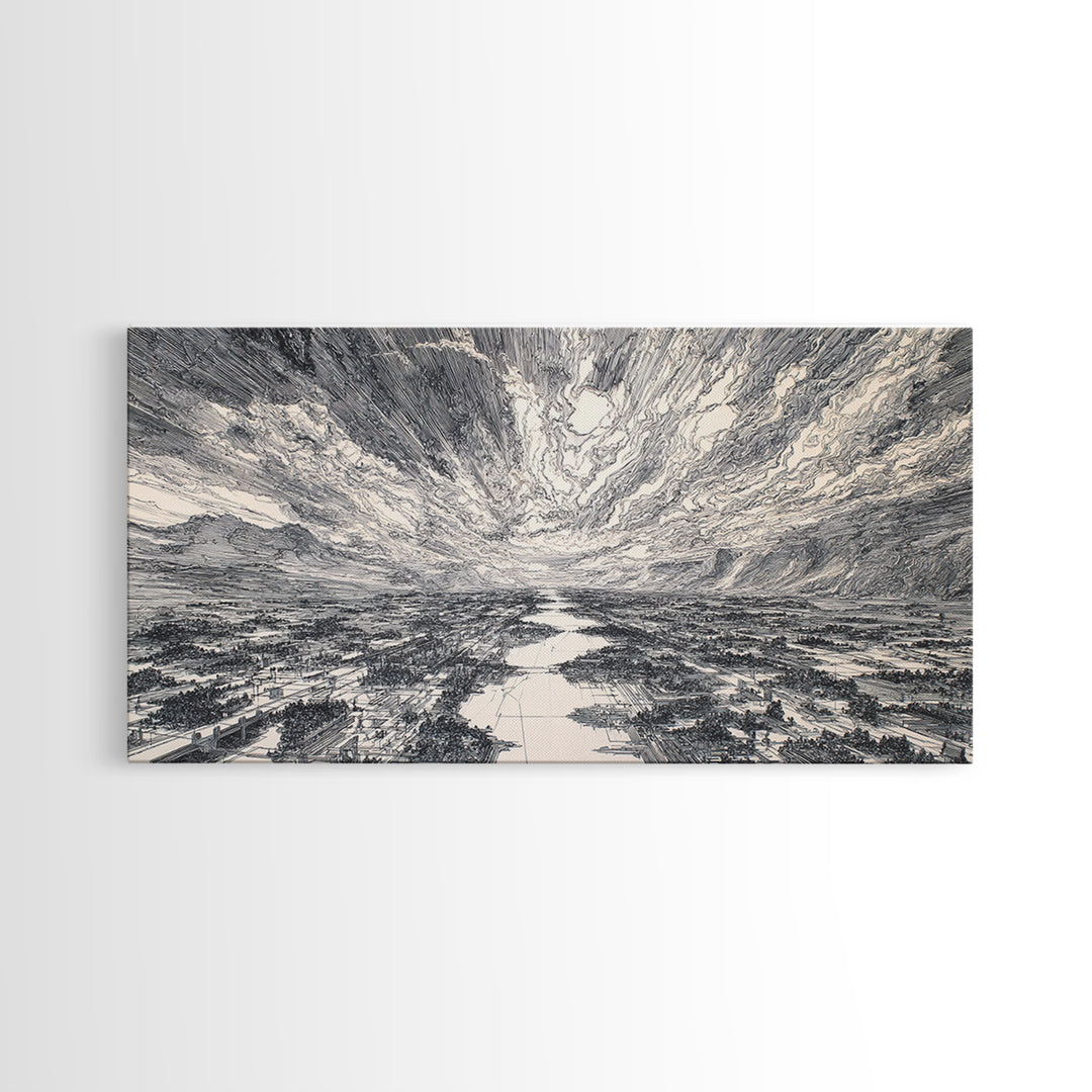 Black And White Etched River Valley Wall Art, African Landscape Print, Dramatic Sky Minimalist Office Decor, Fine Art Gift