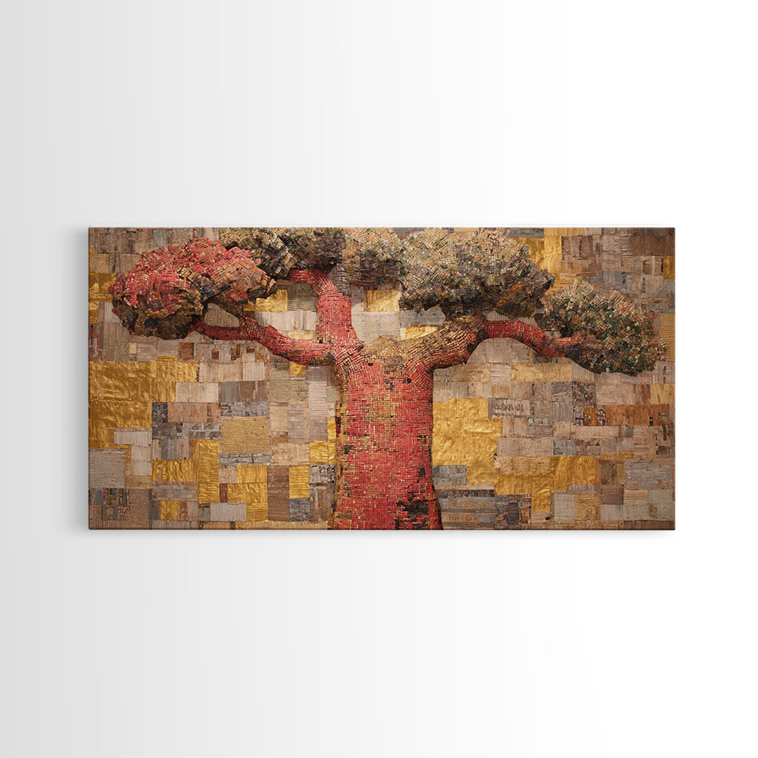 Red Baobab Collage On Gold Canvas Print, African Tree Wall Decor, Textured Mosaic Landscape Art, Bold Living Room Home Decor Gift