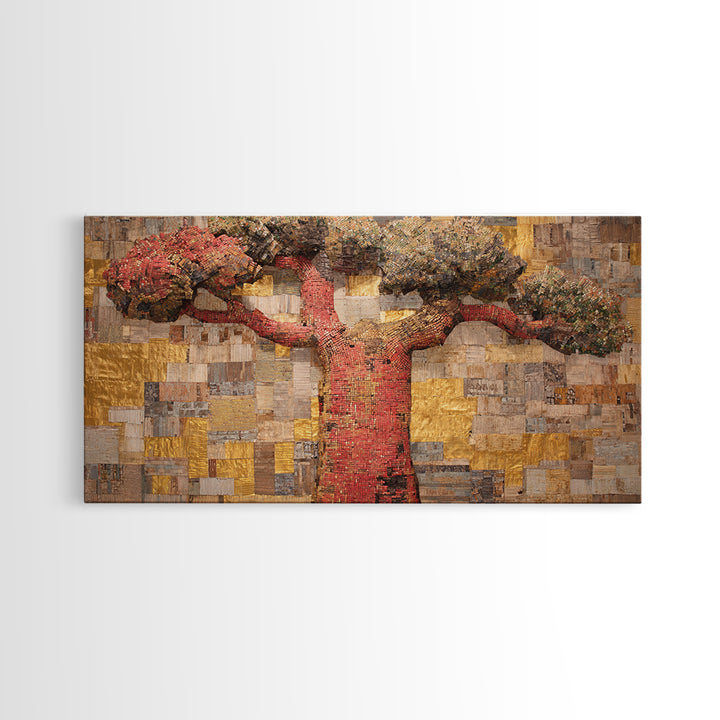 Red Baobab Collage On Gold Canvas Print, African Tree Wall Decor, Textured Mosaic Landscape Art, Bold Living Room Home Decor Gift