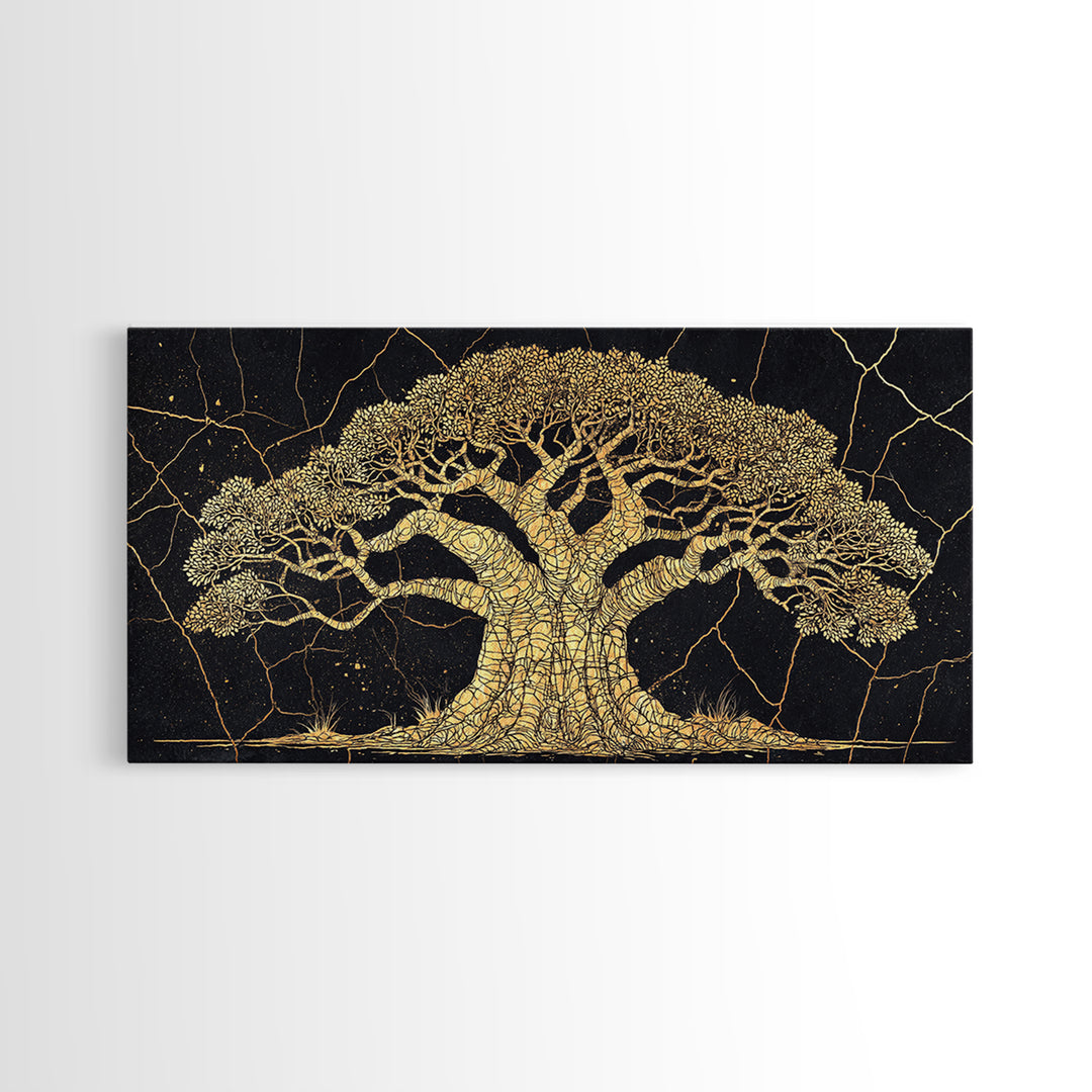 Golden Baobab Tree On Black Wall Art, African Tree Canvas Decor, Gold Crackle Safari Print, Elegant Statement Home Decor Gift