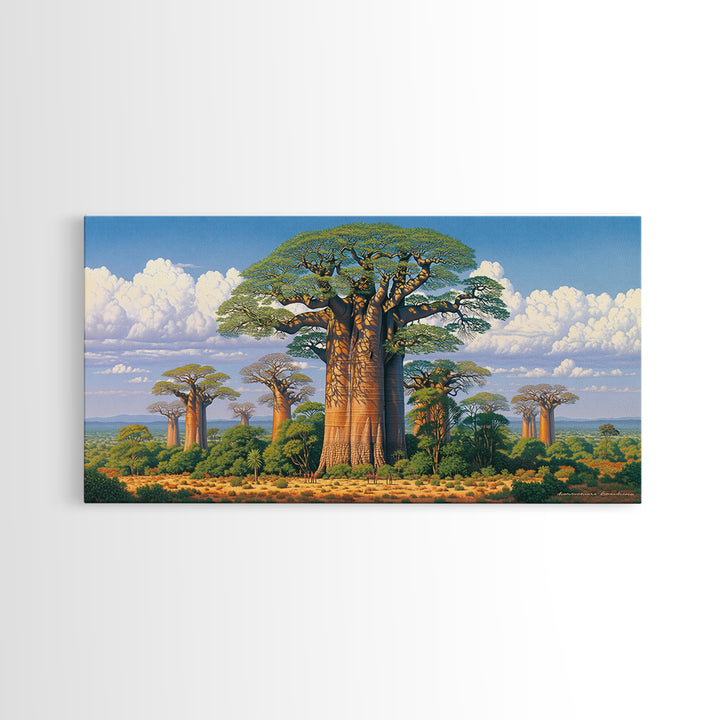 Lush Baobab Forest Under Blue Sky Framed Canvas Print, African Landscape Wall Decor, Madagascar Safari Tree Art Home Decor Gift