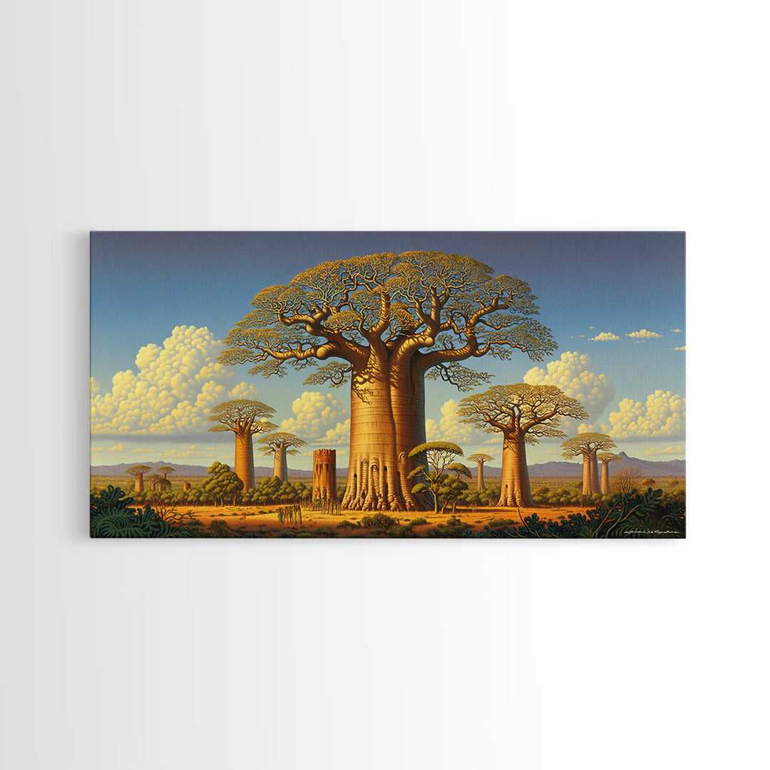 Golden Baobab Savanna Landscape Wall Art, African Tree Canvas Print, Safari Decor, Motherland Home Decor Gift, Statement Living Room Decor