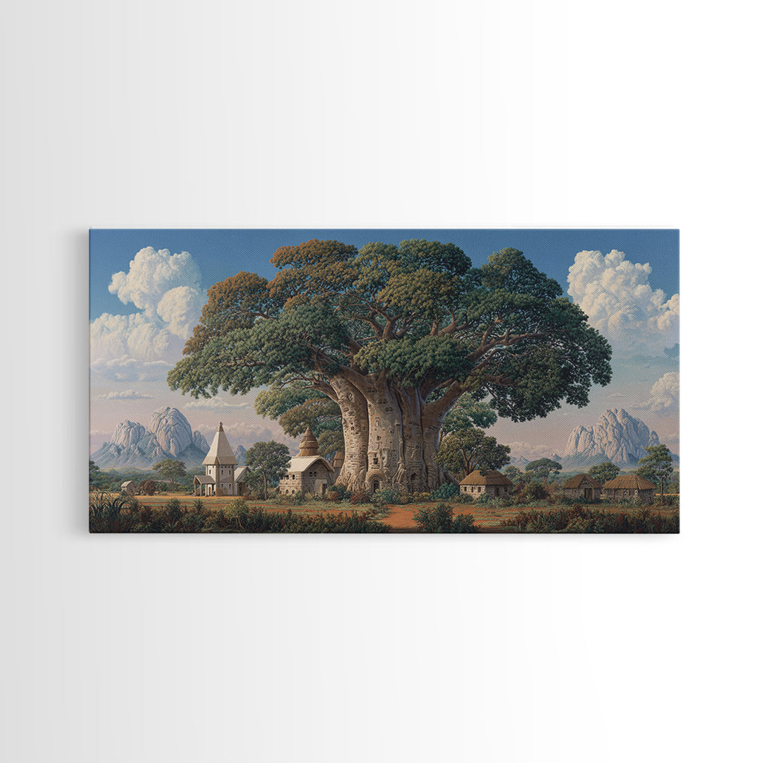 Village Baobab Tree With Church Framed Canvas Print, African Landscape Wall Art, Cultural Home Decor, Housewarming Gift For Her