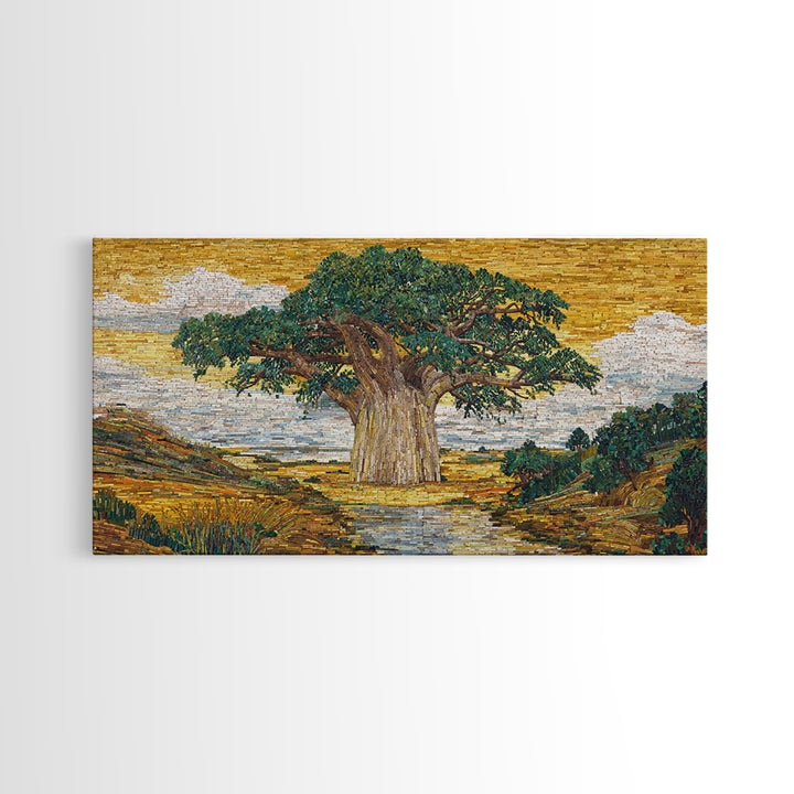 Mosaic Baobab River Landscape Canvas Print, African Tree Wall Art, Earth Tone Safari Decor, Modern Living Room Art, Housewarming Gift