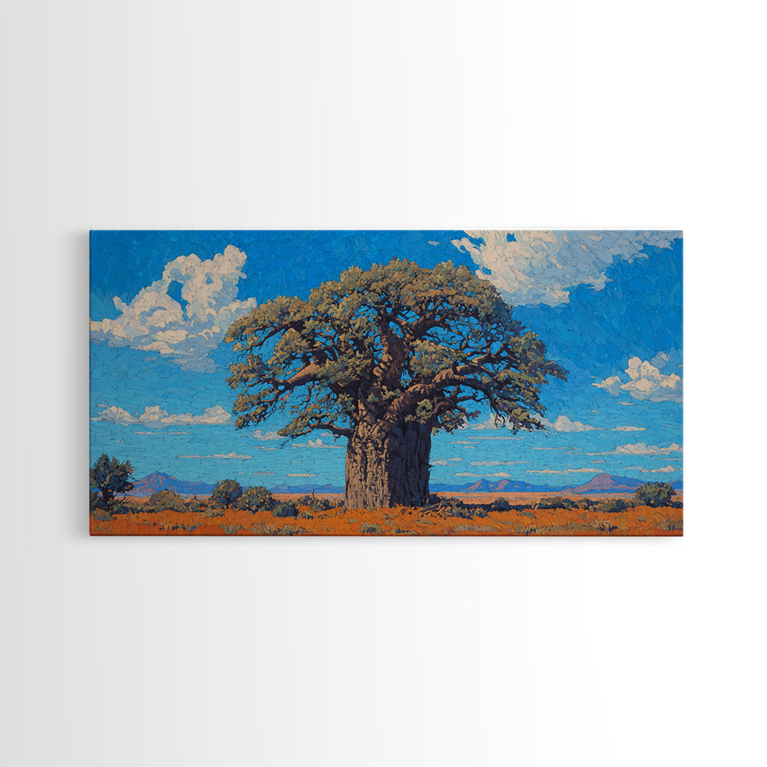 Sunlit Baobab Tree Canvas Print, African Landscape Wall Art, Blue Sky Safari Decor, Nature Scene Art, Unique Home Decor Gift