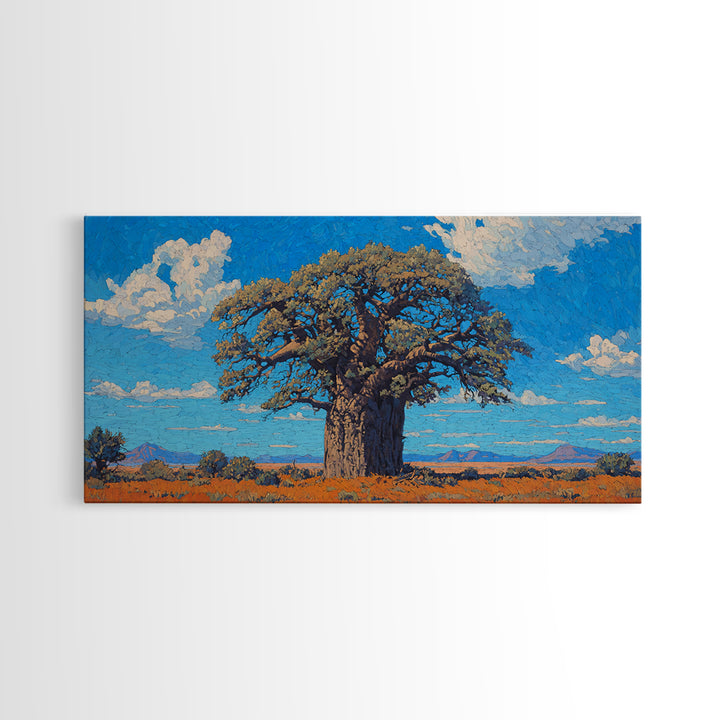 Sunlit Baobab Tree Canvas Print, African Landscape Wall Art, Blue Sky Safari Decor, Nature Scene Art, Unique Home Decor Gift
