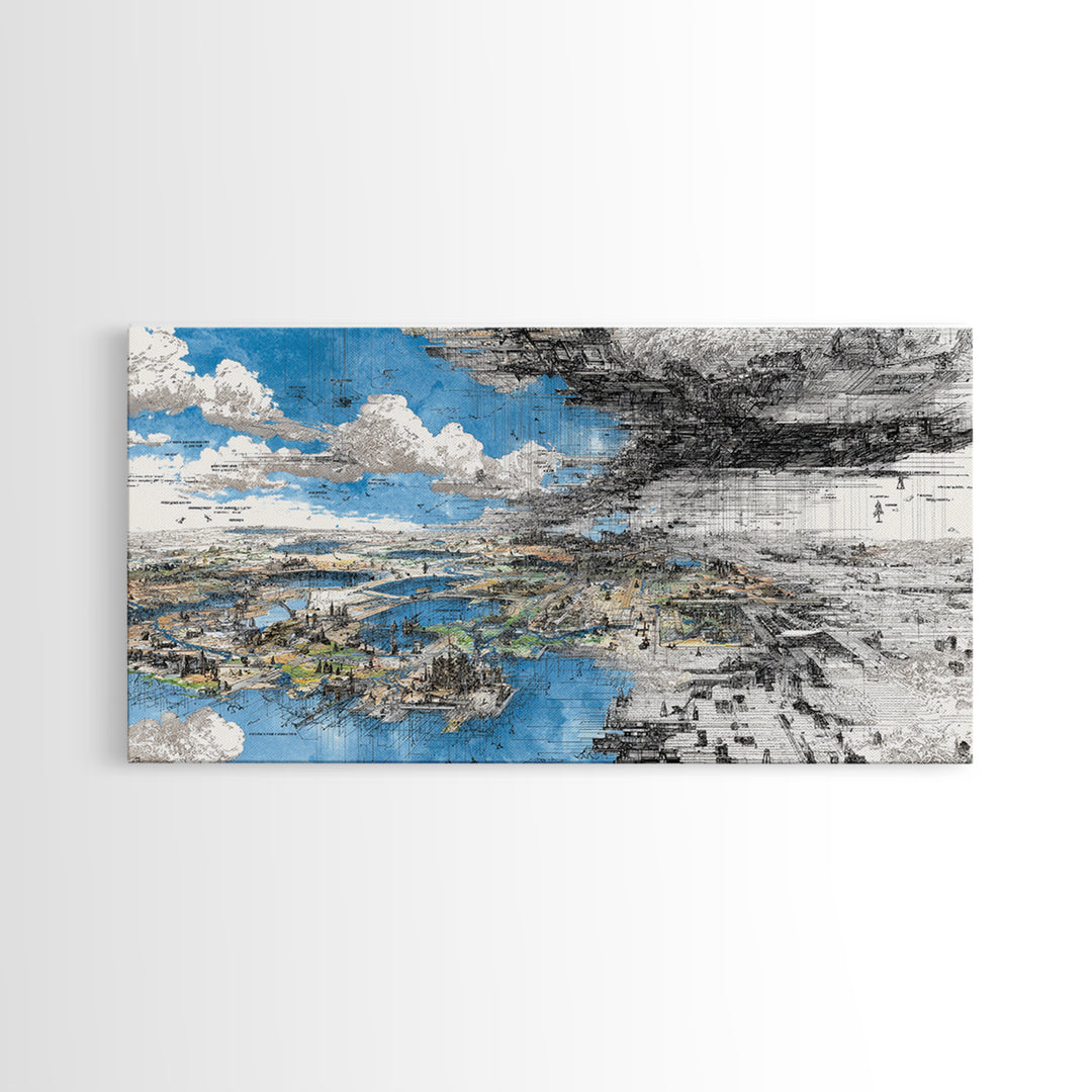 Blue And Black Dreamscape Map Wall Art, Abstract African Landscape Canvas Print, Modern Office Decor, Large Statement Art