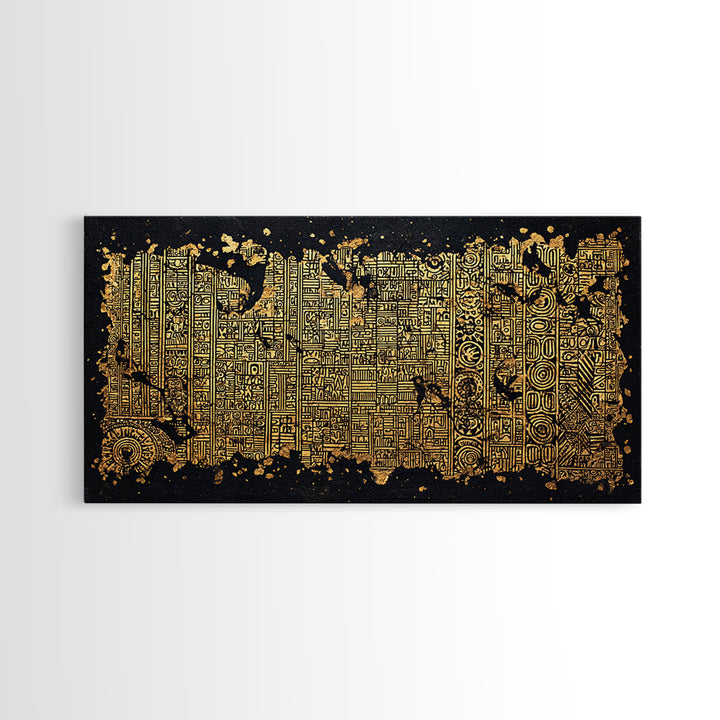 Gold Tribal Textile Pattern Canvas Print, Abstract African Art Decor, Kuba Inspired Wall Decor, Luxury Black Home Accent