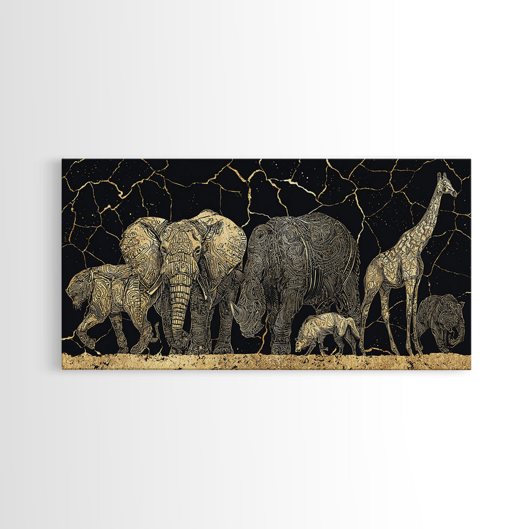 African Safari Animals Wall Art, Elephant Giraffe Family Canvas Decor, Serengeti Wildlife Print, Black Gold Home Accent Gift