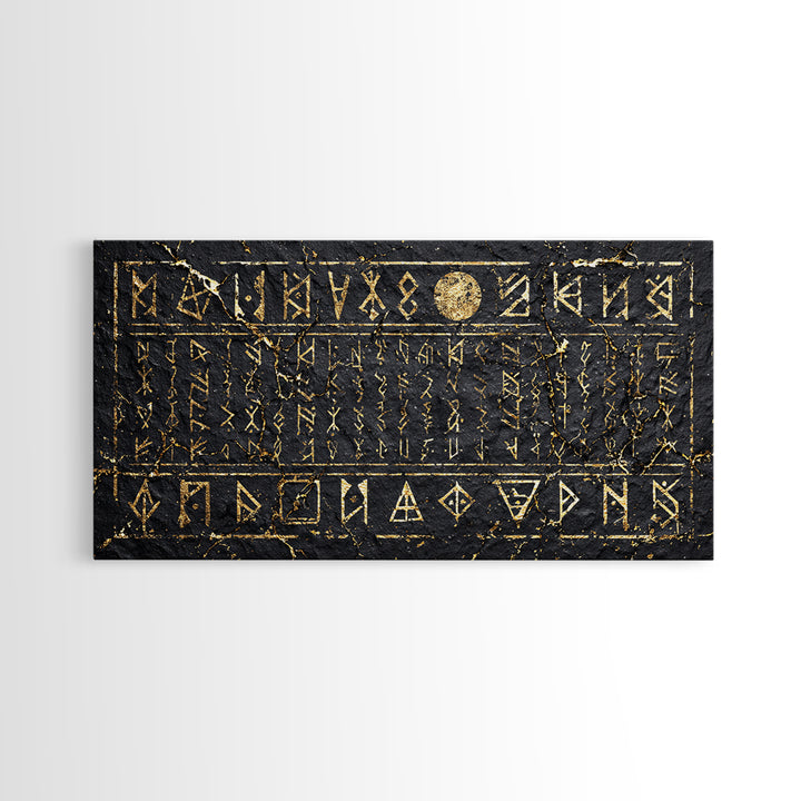 Black Gold Ancient Glyph Stone Tablet Wall Art, African Tribal Decor, Mystical Cultural Art, Framed Canvas Print For Statement Home Decor