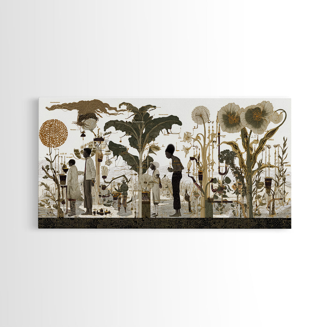 Neutral Botanical Black Figures Garden Wall Art, African American Art, Elegant Floral Canvas Print For Living Room Decor