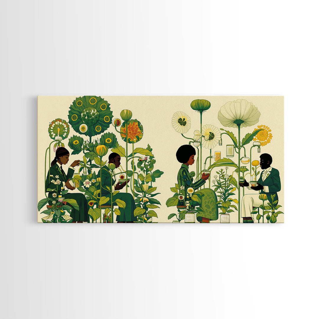 Green Botanical Reading Garden Canvas Print, African Women Art, Afrocentric Wall Decor, Nature Scene Art For Home Decor Gift