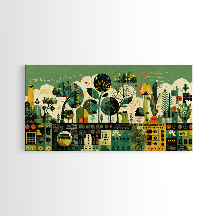 Green Abstract Botanical Cityscape Wall Art, African Patterns, Modern Afrocentric Canvas Print, Cultural Home Decor Gift