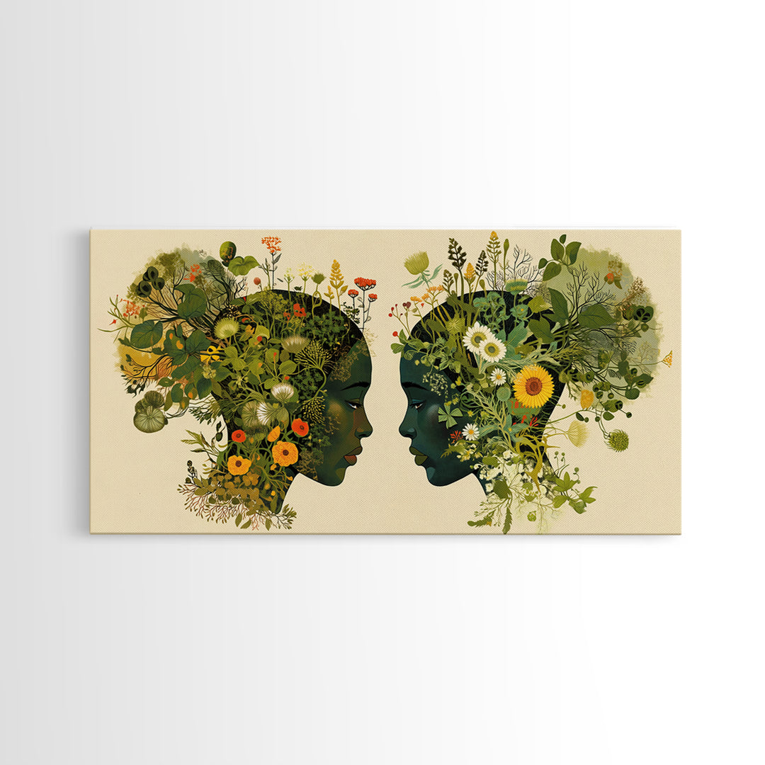 Floral Black Women Profile Portrait Wall Art, African Woman Art, Afrocentric Feminine Canvas Print, Botanical Home Decor Gift