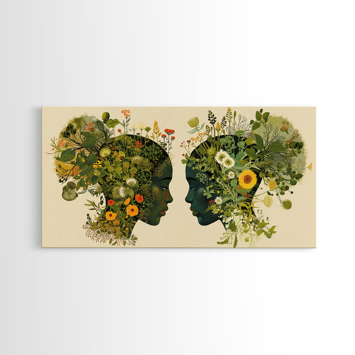 Floral Black Women Profile Portrait Wall Art, African Woman Art, Afrocentric Feminine Canvas Print, Botanical Home Decor Gift