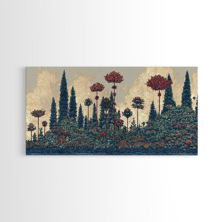 Dreamy Blue Forest Flower Landscape Canvas Print, African Inspired Wall Art, Nature Scene Art For Elegant Living Room Decor