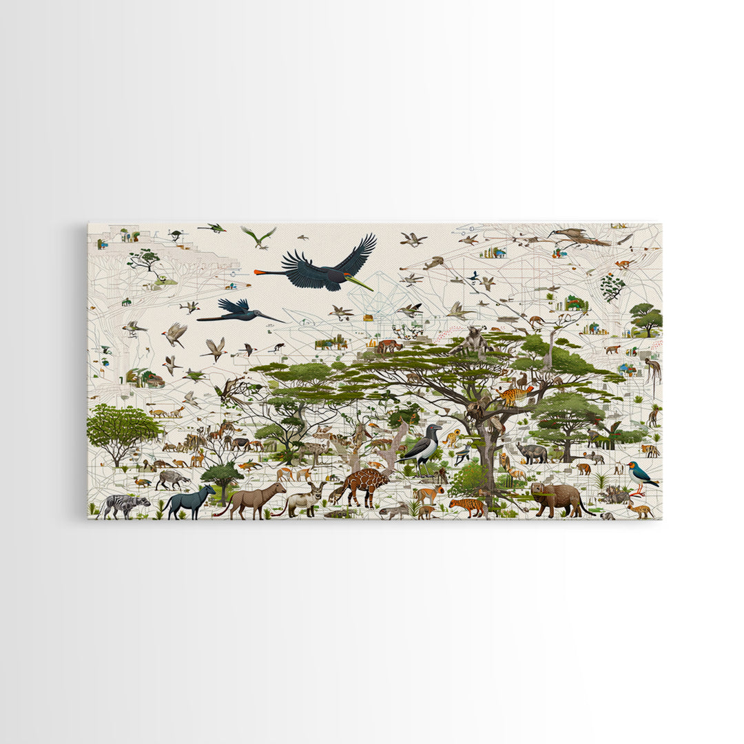 African Safari Animals Acacia Tree Wall Art, Serengeti Wildlife Canvas Print, Jungle Decor For Kids Room Or Office Decor