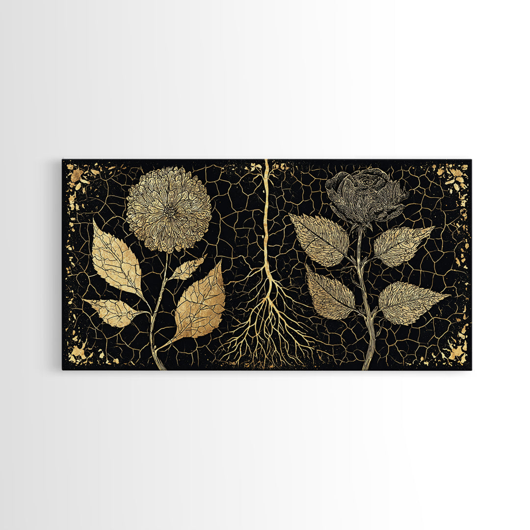 Black Gold Botanical Roots Framed Canvas Print, African Inspired Wall Decor, Luxury Nature Art, Elegant Home Decor Gift Idea