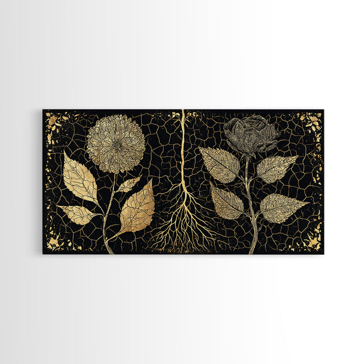 Black Gold Botanical Roots Framed Canvas Print, African Inspired Wall Decor, Luxury Nature Art, Elegant Home Decor Gift Idea