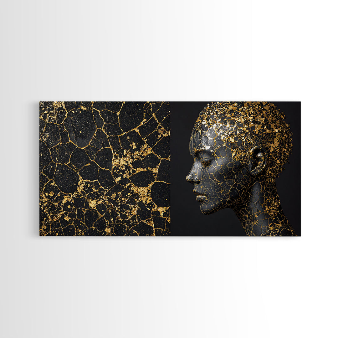 Black Gold Kintsugi African Portrait Canvas Print, Modern Black Art Decor, Luxury Wall Art, Elegant Woman Profile Artwork